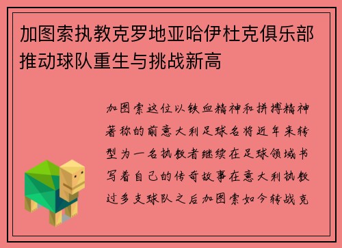 加图索执教克罗地亚哈伊杜克俱乐部推动球队重生与挑战新高