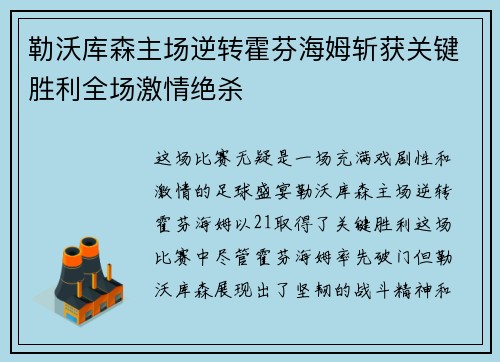 勒沃库森主场逆转霍芬海姆斩获关键胜利全场激情绝杀 勒沃库森主场逆转霍芬海姆斩获关键胜利全场激情绝杀
